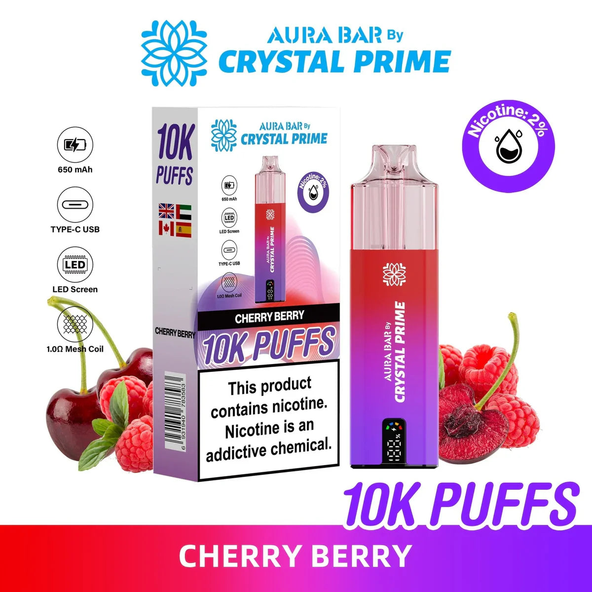 Crystal Prime 10000 Puffs Cherry Berry vape device with LED screen and USB charging port next to fresh cherries and raspberries