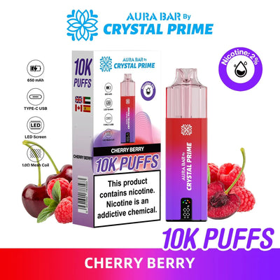 Crystal Prime 10000 Puffs Cherry Berry vape device with LED screen and USB charging port next to fresh cherries and raspberries