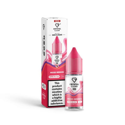 Crystal Clear 10ml Nic Salt Mixed Berries e-liquid with 20mg nicotine, 50/50 VG/PG, MTL vape, TPD compliant, childproof cap, recyclable bottle, box of 10