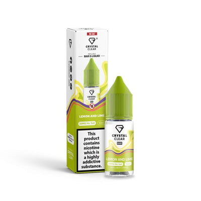 Crystal Clear lemon and lime nic salt vape liquid 10ml bottle with childproof cap and recyclable packaging, available in 10mg and 20mg nicotine strengths, designed for MTL vape kits.