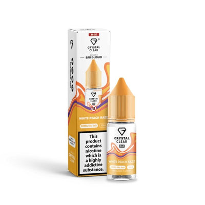 Crystal Clear 10ml White Peach Razz Nic Salt e-liquid bottle and packaging with 20mg nicotine strength and childproof cap