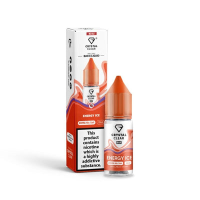 Crystal Clear 10ml Nic Salt Energy Ice e-liquid bottle and box with nicotine warning label and orange cap designed for MTL vape kits.