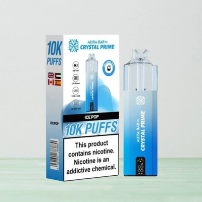 Crystal Prime 10000 Puffs reusable vape with ice pop flavor and nicotine warning on packaging