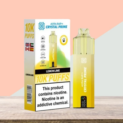 Crystal Prime 10000 Puffs reusable vape device and packaging in lemon lime flavor with nicotine warning label.