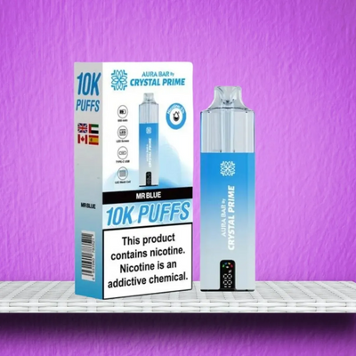 Crystal Prime 10000 Puffs reusable vape device in Mr Blue flavor with nicotine warning on packaging