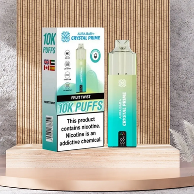 Crystal Prime 10000 Puffs reusable vape in Fruit Twist flavor with packaging on wooden display