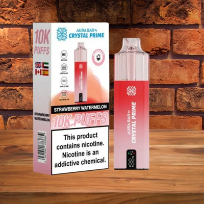 Crystal Prime 10000 Puffs reusable vape in strawberry watermelon flavor with compact design and long-lasting battery.