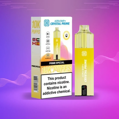 Crystal Prime 10000 Puffs reusable vape device in yellow with packaging highlighting 10,000 puffs and nicotine warning.