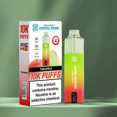 Crystal Prime 10000 Puffs reusable vape in Two Apple flavor with colorful gradient design and nicotine warning label.