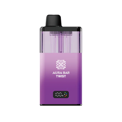 Aura Bar 40K Vape Kit in purple with LED display, dual-flavour twist design, 850mAh rechargeable battery, and mesh coil technology