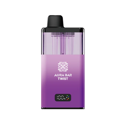 Aura Bar 40K Vape Kit in purple with LED display, dual-flavour twist design, 850mAh rechargeable battery, and mesh coil technology