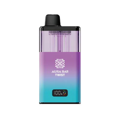Aura Bar 40K Vape Kit with LED display, dual-flavour twist design, 850mAh rechargeable battery, and mesh coil technology in purple and blue gradient finish