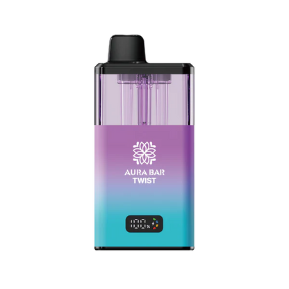 Aura Bar 40K Vape Kit with LED display, dual-flavour twist design, 850mAh rechargeable battery, and mesh coil technology in purple and blue gradient finish