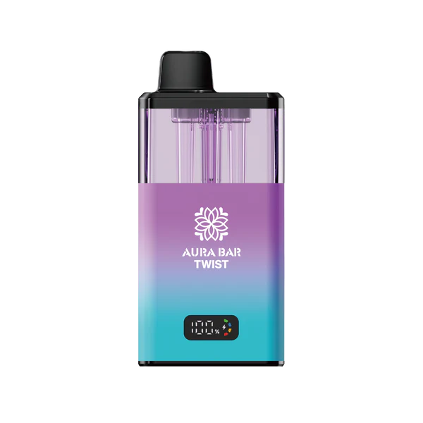 Aura Bar 40K Vape Kit with LED display, dual-flavour twist design, 850mAh rechargeable battery, and mesh coil technology in purple and blue gradient finish
