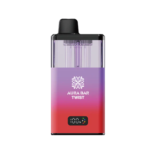 Aura Bar 40K Vape Kit with dual-flavour twist, 850mAh rechargeable battery, LED display, and mesh coil technology in a compact prefilled pod design.
