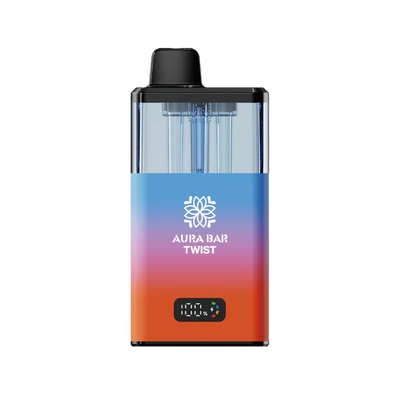 Aura Bar 40K Vape Kit prefilled pod with LED display, dual-flavour twist design, 850mAh rechargeable battery, and mesh coil technology.