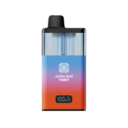 Aura Bar 40K Vape Kit prefilled pod with LED display, dual-flavour twist design, 850mAh rechargeable battery, and mesh coil technology.