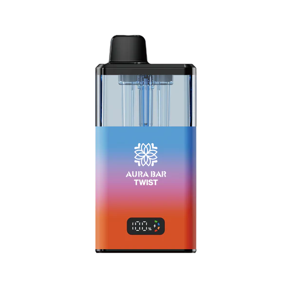 Aura Bar 40K Vape Kit prefilled pod with LED display, dual-flavour twist design, 850mAh rechargeable battery, and mesh coil technology.