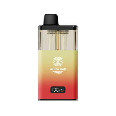 Aura Bar 40K Vape Kit with LED display, dual-flavour twist mechanism, 850mAh rechargeable battery, and mesh coil technology in a compact prefilled pod design.