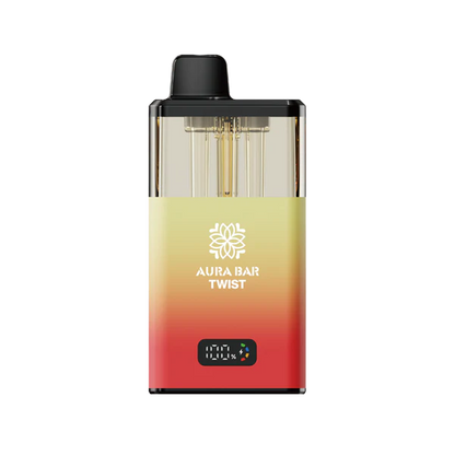 Aura Bar 40K Vape Kit with LED display, dual-flavour twist mechanism, 850mAh rechargeable battery, and mesh coil technology in a compact prefilled pod design.