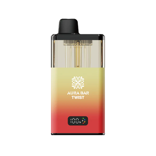 Aura Bar 40K Vape Kit with LED display, dual-flavour twist mechanism, 850mAh rechargeable battery, and mesh coil technology in a compact prefilled pod design.