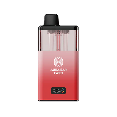 Aura Bar 40K Vape Kit red twist-base prefilled pod with LED display and dual-flavour options, USB-C rechargeable, mesh coil technology.