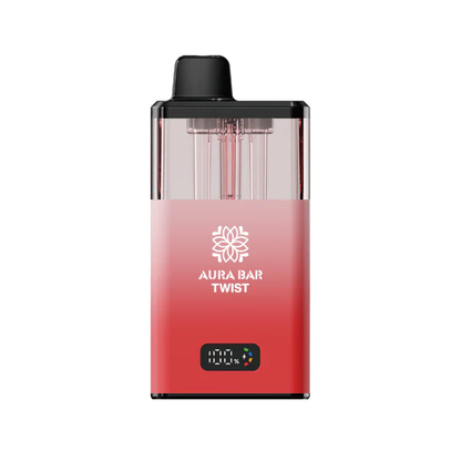 Aura Bar 40K Vape Kit red twist-base prefilled pod with LED display and dual-flavour options, USB-C rechargeable, mesh coil technology.