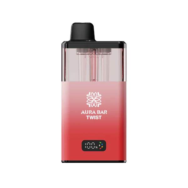 Aura Bar 40K Vape Kit red twist-base prefilled pod with LED display and dual-flavour options, USB-C rechargeable, mesh coil technology.