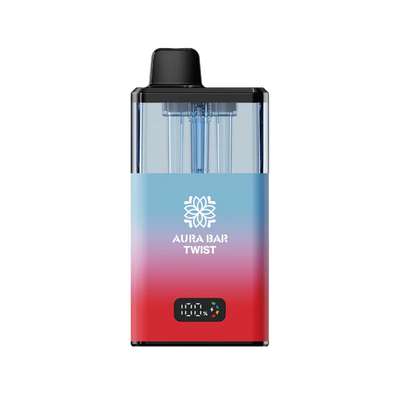 Aura Bar 40K Vape Kit with LED display, dual-flavour twist design, 850mAh rechargeable battery, and mesh coil technology in red and blue gradient.