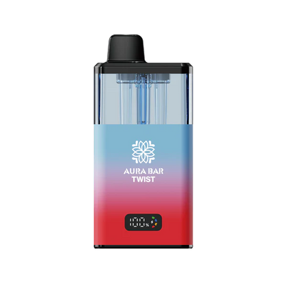 Aura Bar 40K Vape Kit with LED display, dual-flavour twist design, 850mAh rechargeable battery, and mesh coil technology in red and blue gradient.
