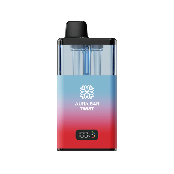 Aura Bar 40K Vape Kit with LED display, dual-flavour twist design, 850mAh rechargeable battery, and mesh coil technology in red and blue gradient.
