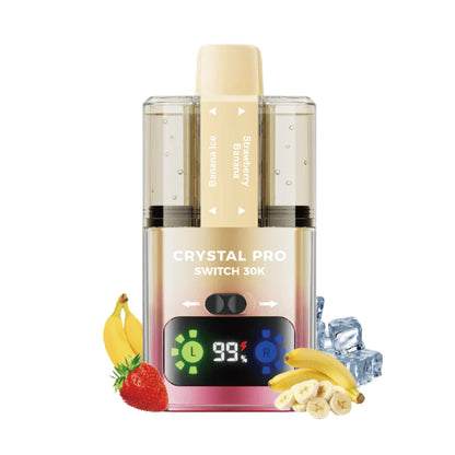 Crystal Pro Switch 30K prefilled vape kit with dual e-liquid tank, HD display, 850mAh battery, and banana strawberry flavor options