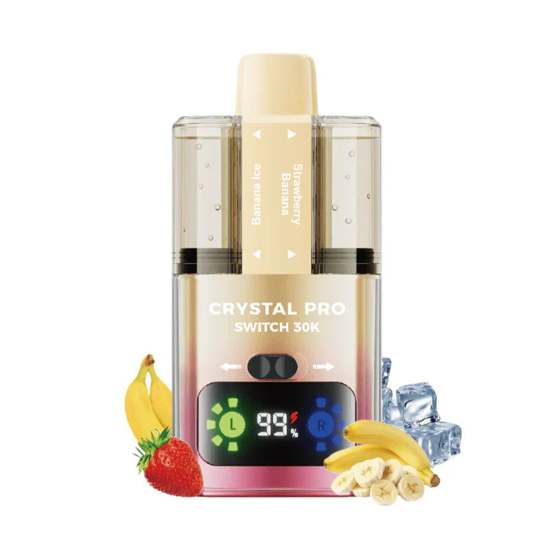 Crystal Pro Switch 30K prefilled vape kit with dual e-liquid tank, HD display, 850mAh battery, and banana strawberry flavor options