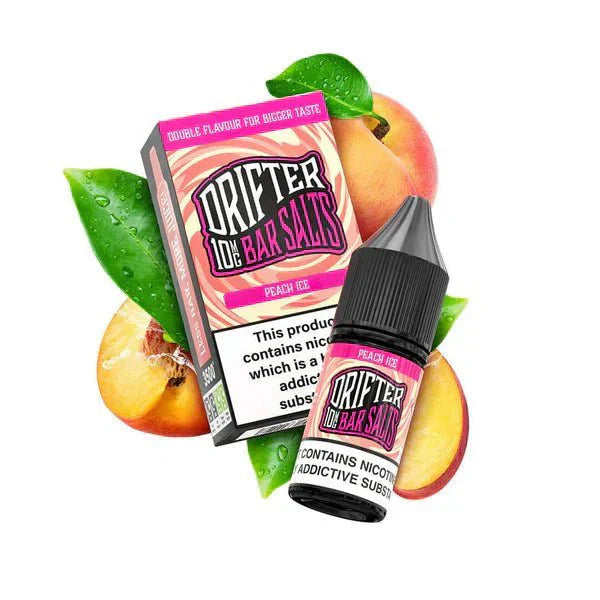 Drifter Bar Nic Salt 10ml Peach Ice e-liquid bottle and box with fresh peach slices and green leaves background