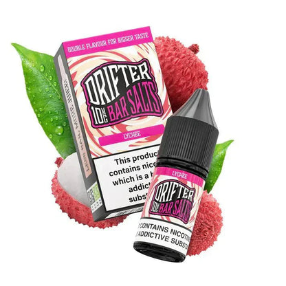 Drifter Bar Nic Salt 10ml lychee flavored e-liquid bottle and box with fresh lychee fruit illustration