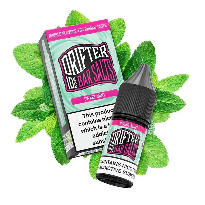 Drifter Bar Nic Salt 10ml e-liquid bottle and box with sweet mint flavor and fresh mint leaves background