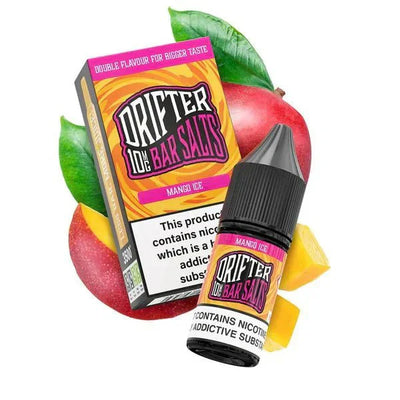 Drifter Bar Nic Salt 10ml Mango Ice e-liquid bottle and box with mango fruit background and nicotine warning label