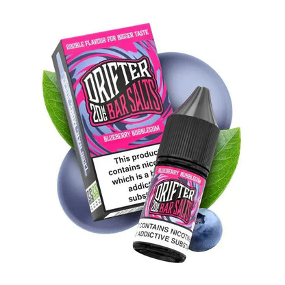 Drifter Bar Nic Salt 10ml e-liquid bottle and box in Blueberry Bubblegum flavor with blueberries and green leaves background