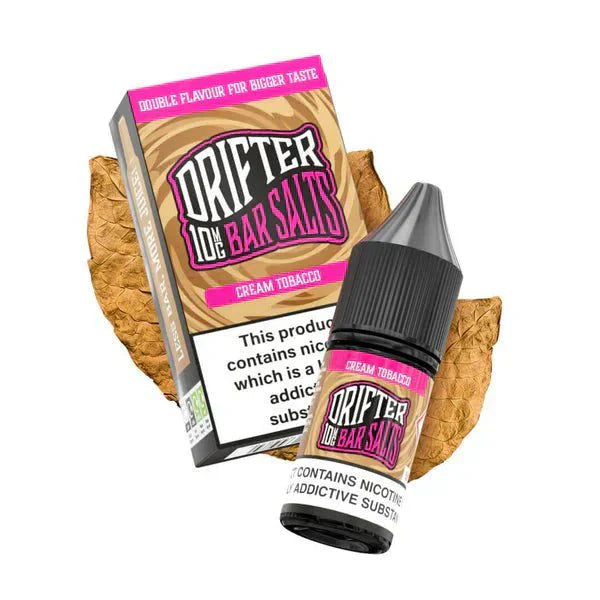 Drifter Bar Nic Salt 10ml e-liquid cream tobacco flavor with nicotine salt for smooth vaping, shown with packaging and tobacco leaves.