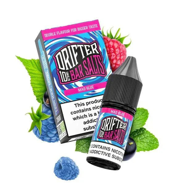 Drifter Bar Nic Salt 10ml e-liquid bottle and box with berry fruits and mint leaves, flavorful nicotine salt vape liquid.