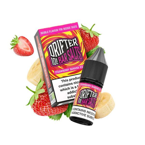 Drifter Bar Nic Salt 10ml e-liquid bottle and box with strawberry and banana ice flavor ingredients around