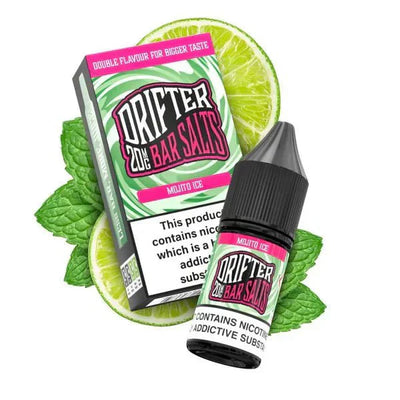 Drifter Bar Nic Salt 10ml e-liquid bottle and box with mojito ice flavor, lime slices, and mint leaves background