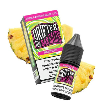 Drifter Bar Nic Salt 10ml Pineapple Ice nicotine salt e-liquid with vibrant packaging and pineapple background