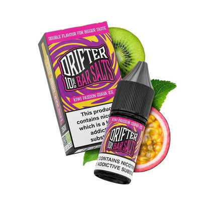Drifter Bar Nic Salt 10ml e-liquid bottle and box with kiwi and passion fruit flavor illustration.