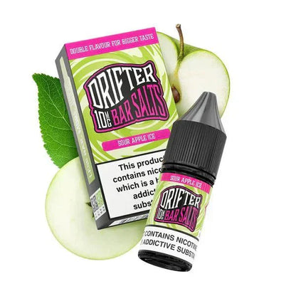 Drifter Bar Nic Salt 10ml Sour Apple Ice e-liquid bottle with packaging and green apple background