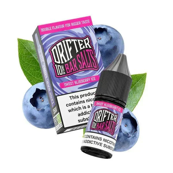 Drifter Bar Nic Salt 10ml e-liquid bottle and box with sweet blueberry ice flavor and fresh blueberries background