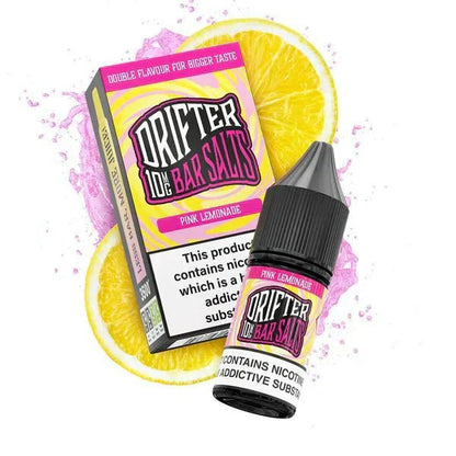 Drifter Bar Nic Salt 10ml Pink Lemonade e-liquid bottle and box with lemon slices background