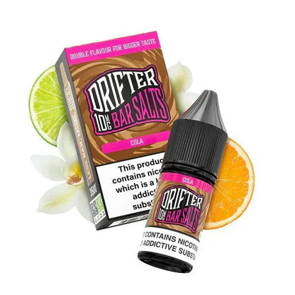 Drifter Bar Nic Salt 10ml cola flavored e-liquid bottle and box with citrus background