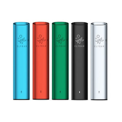 Five Elf Bar Elf Mate 500 pod starter kits in blue, red, green, black, and white colors, with a sleek aircraft-grade aluminum body.