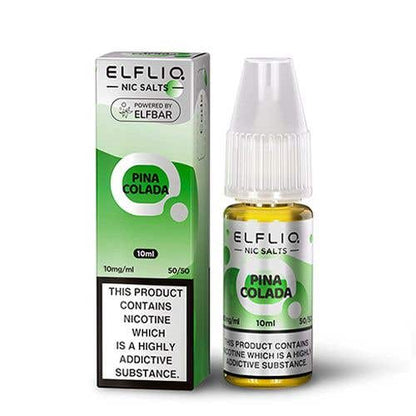 Elf Bar Elfliq 10ml Pina Colada nicotine salt bottle and packaging with 10mg strength and 50/50 VG/PG ratio